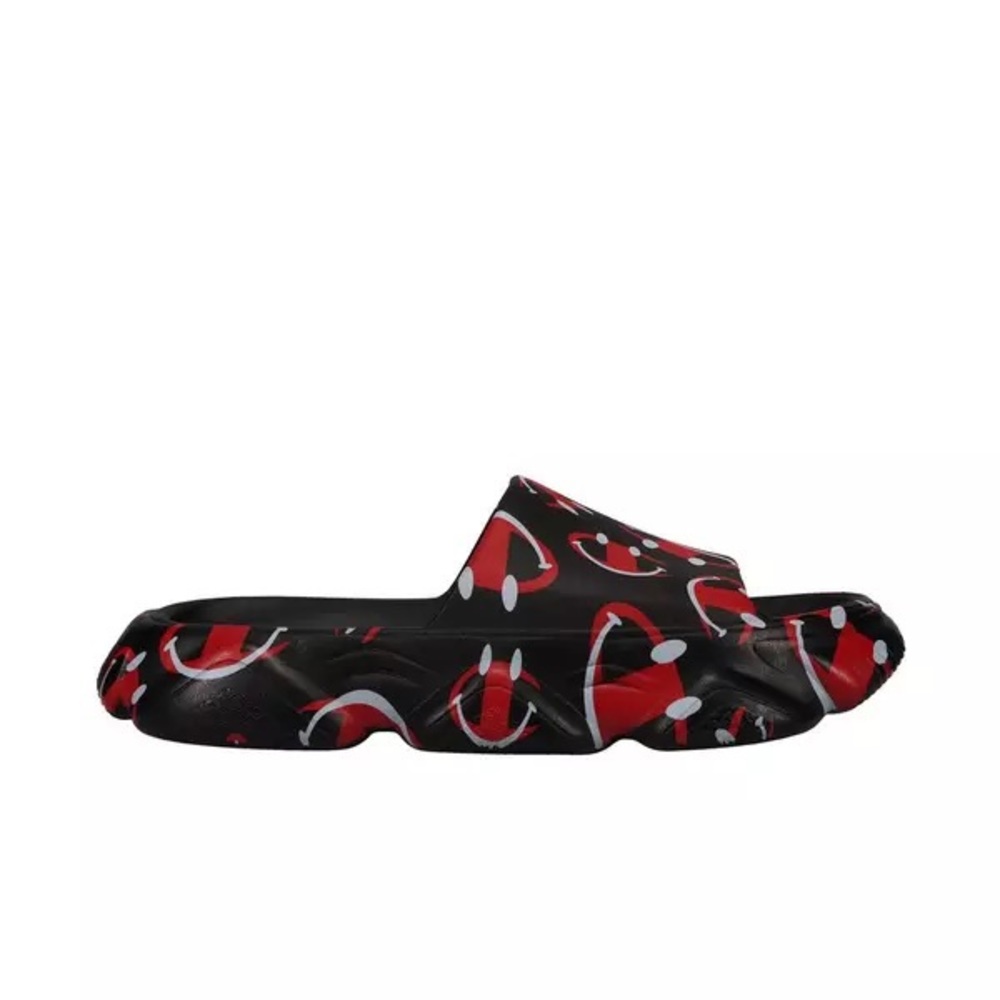 Black and red champion meloso squish swirl slides